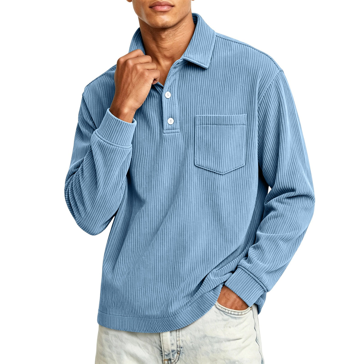 Heren corduroy poloshirt met halve knoopsluiting en lange mouwen