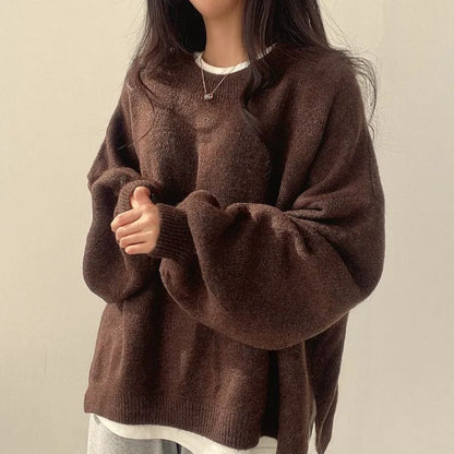 Casual Versatile Solid Color Slit Pullover Loose Long-Sleeve Women's Sweater