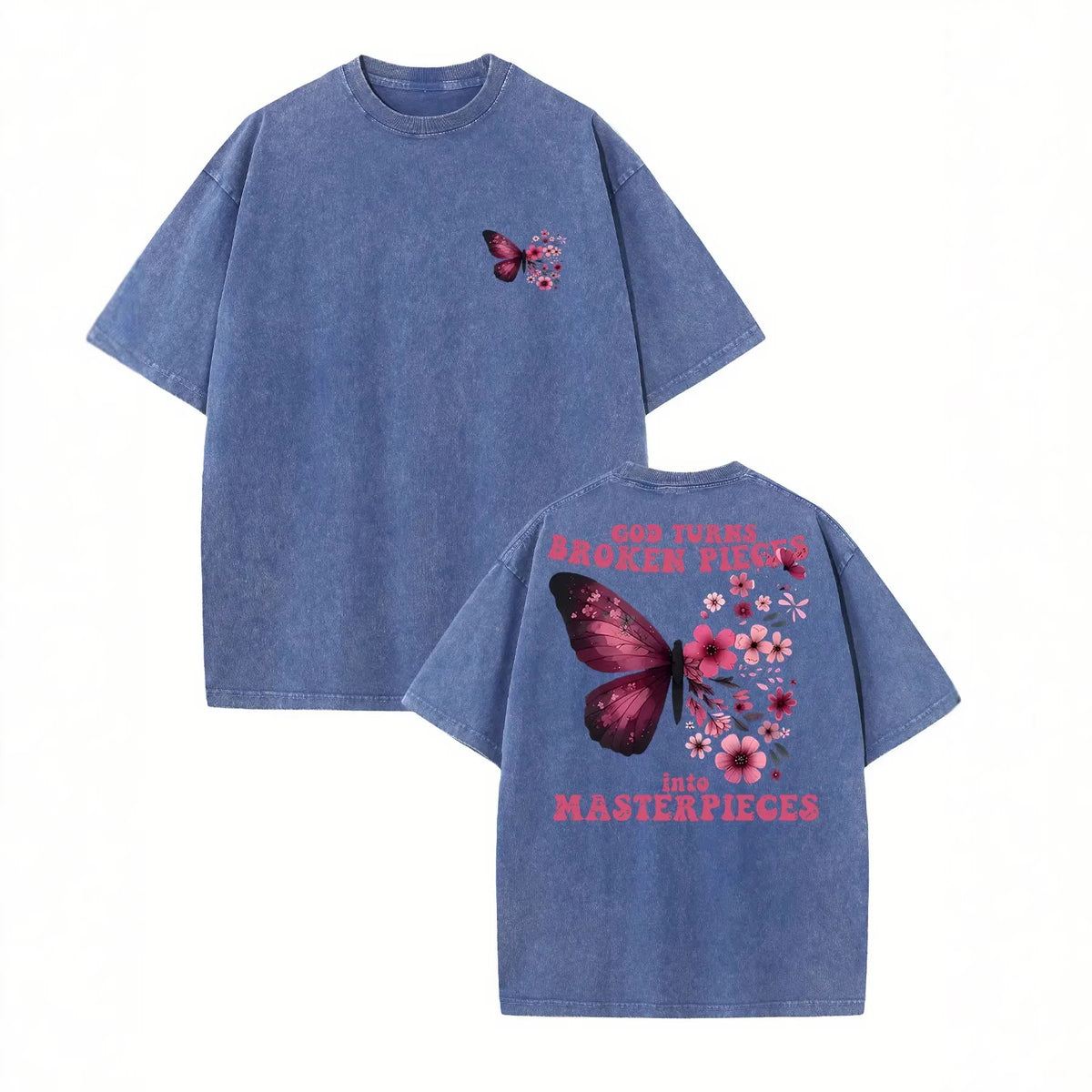 Vintage Washed Cotton T-Shirt with Butterfly Print