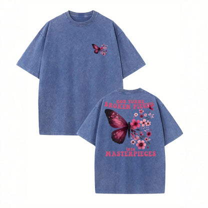 Vintage Washed Cotton T-Shirt with Butterfly Print