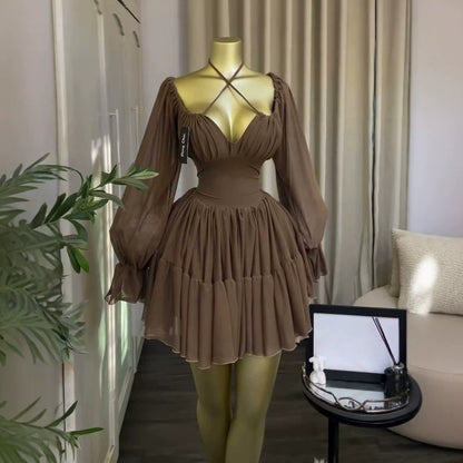 elegant ruched lace-up lantern sleeve pleated short dress