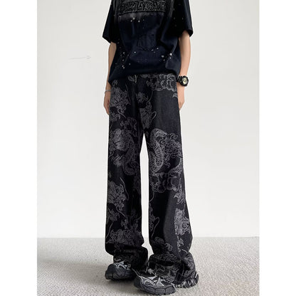 Losse rechte heren jeans met geborduurde draak
