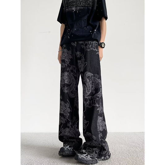 Losse rechte heren jeans met geborduurde draak