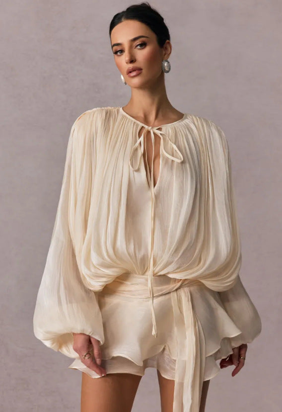 Womens Solid Color Shirt Dress with Tie Detail