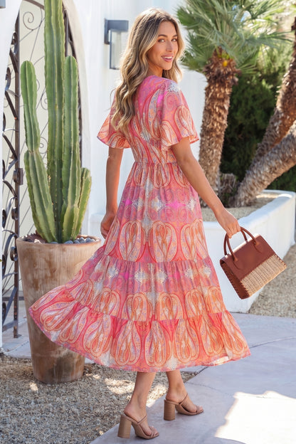 Maxi-jurk met V-hals korte mouwen en V-hals in veelkleurige paisleyprint
