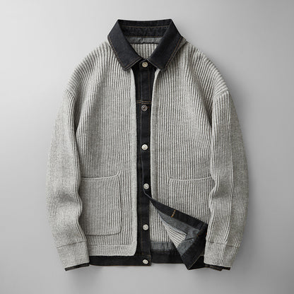 Mens Denim Patchwork Knit Cardigan