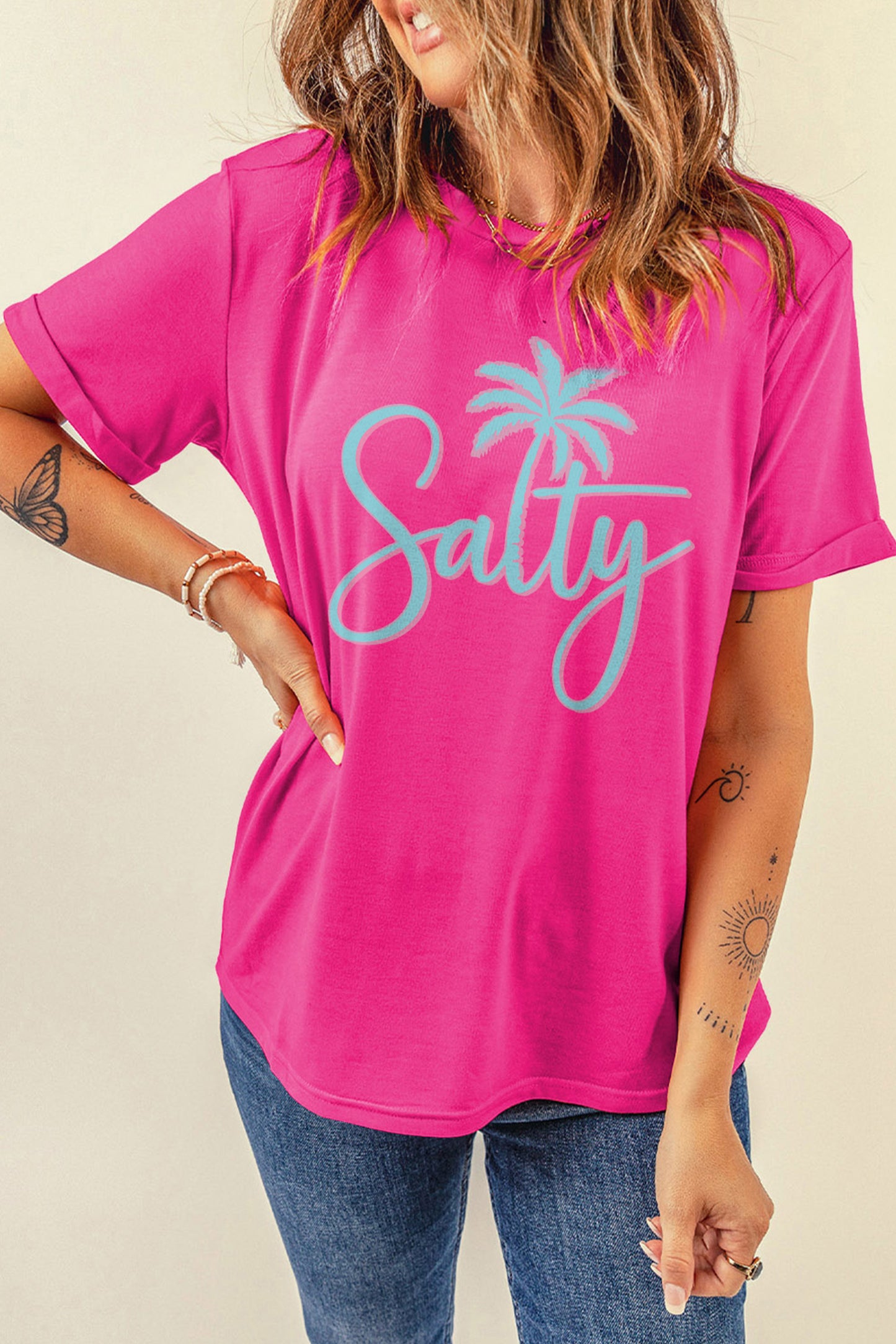 Roze rood T-shirt met print van een zoutige palmboom
