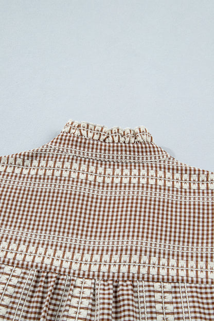 Brown Western Pony Embroidered Yoke Puff Sleeve Gingham Blouse