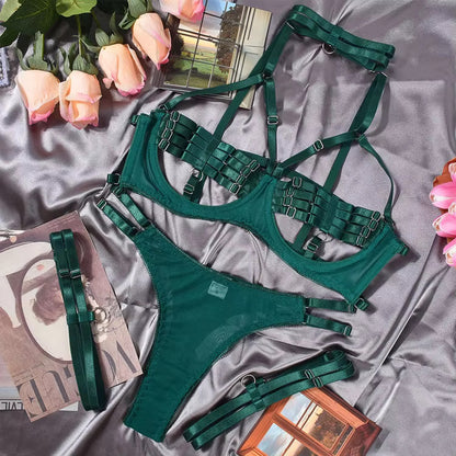 Cross-Border Hot-Selling Bandage Sexy Lingerie Set with Underwire, 4-Piece Set for Adult Women, Tight-Fitting Erotic Intimate Lingerie