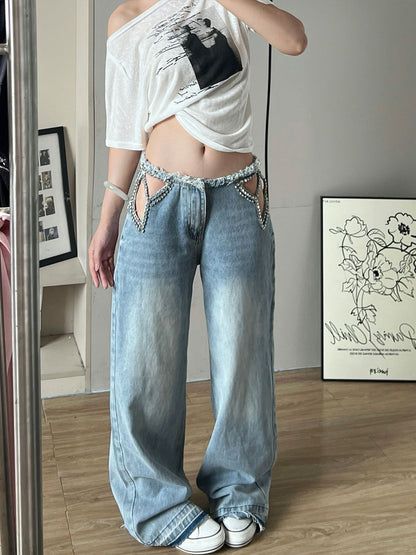 Star Hollow-Out Rhinestone Jeans Loose Wide-Leg Pants