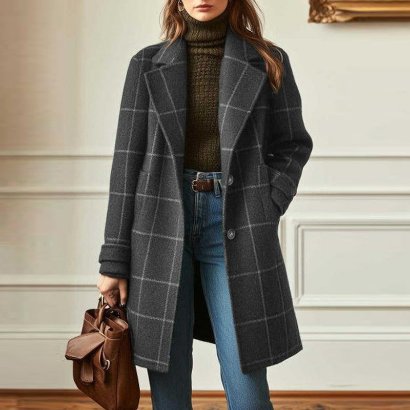 Retro Plaid Mid-Length Lapel Coat for Women