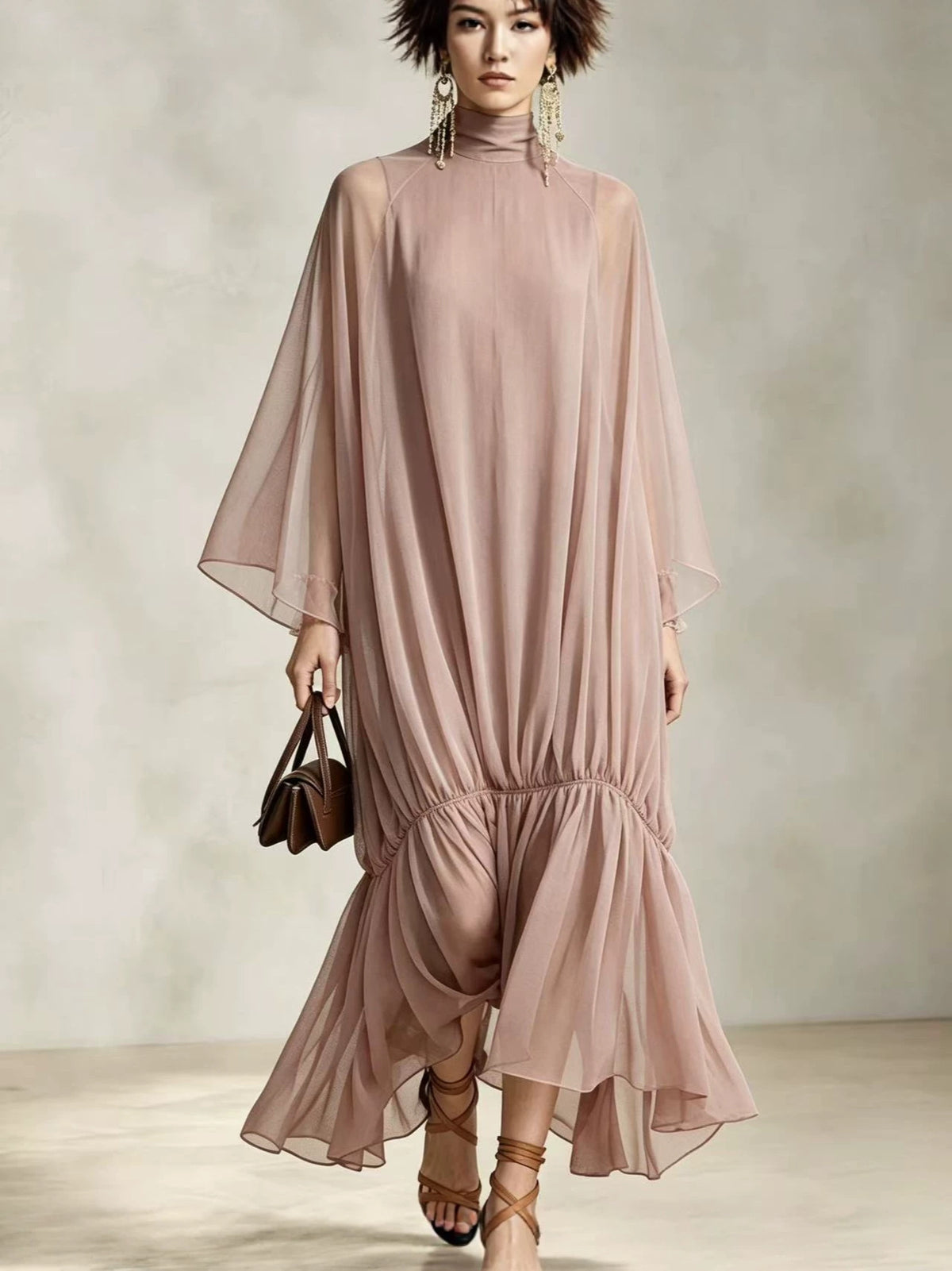 Loose Fit Pleated Dress with Batwing Sleeves