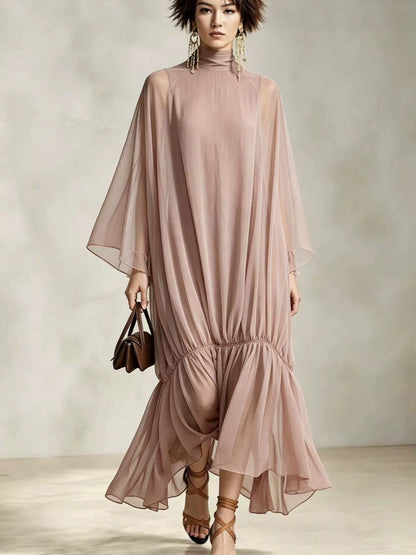Loose Fit Pleated Dress with Batwing Sleeves
