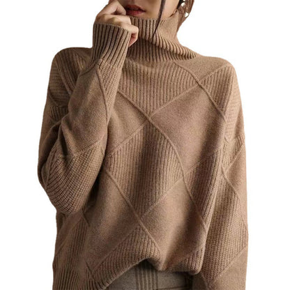 Womens Solid Color High Neck Diamond Pattern Loose Knitwear Sweater