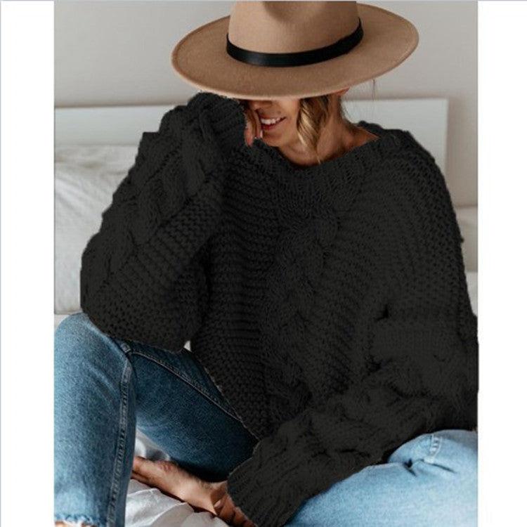 Women's Solid Color Round Neck Cable Knit Batwing Sleeve Loose Casual Pullover Sweater
