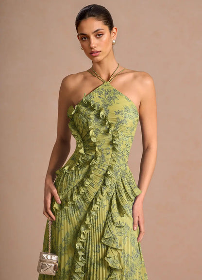 Women's Pleated Chiffon Midi Dress Floral Print Evening Gown