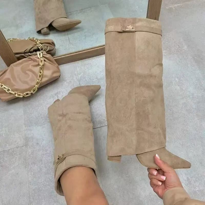 Metal Buckle Medium Long Boots Plus Size Thick Heel Pants Boots Women's Boots