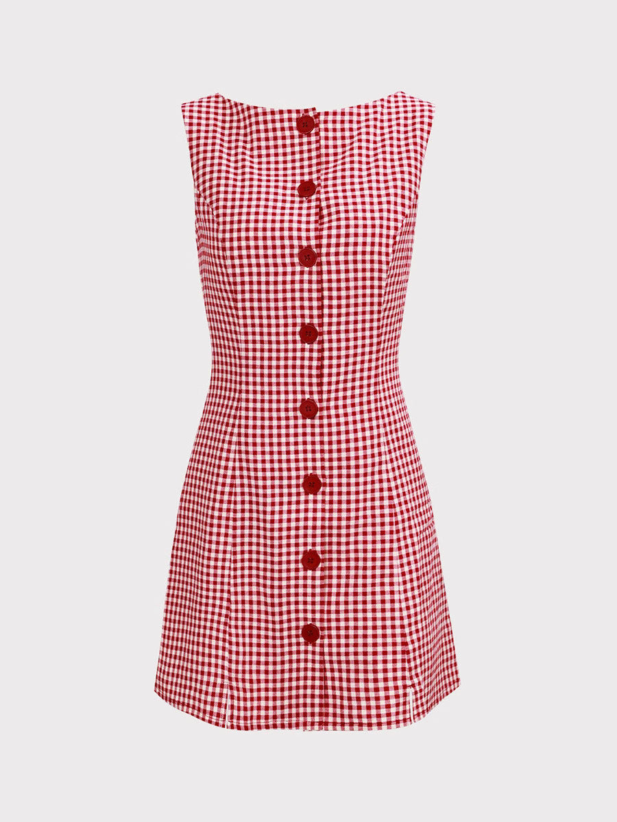 French Retro Plaid Sleeveless Crewneck Dress