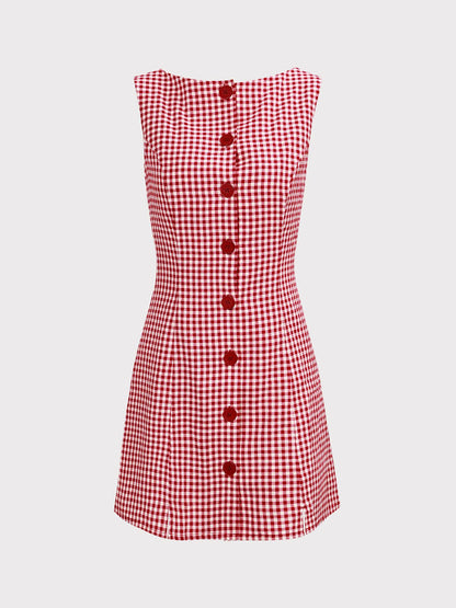 French Retro Plaid Sleeveless Crewneck Dress