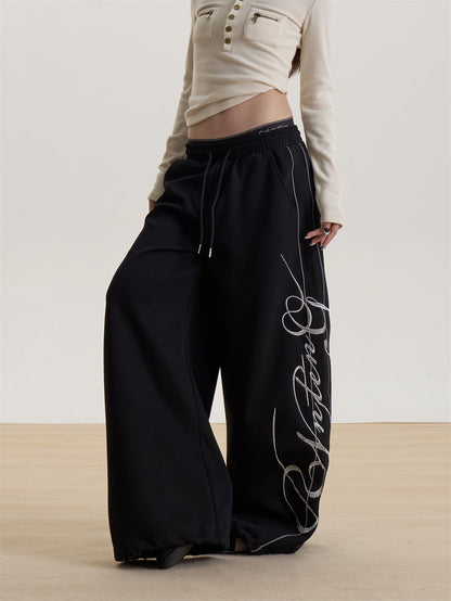 Letter Print Wide-Leg Sweatpants for Women, New Spring and Summer Loose Long Pants, Sports Casual Pants