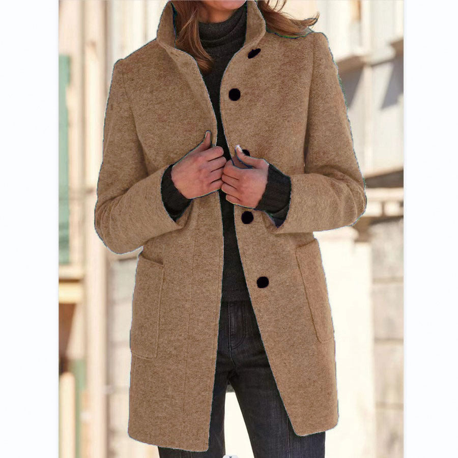 Womens Retro Solid Color Buttoned Stand Collar Coats
