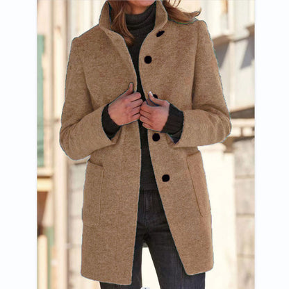 Womens Retro Solid Color Buttoned Stand Collar Coats