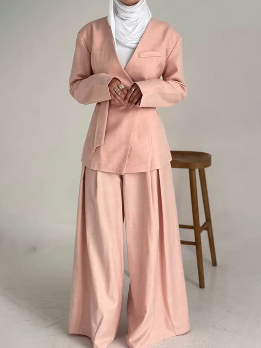 Women's Tie-Waist Blazer and Straight-Leg Pants Set