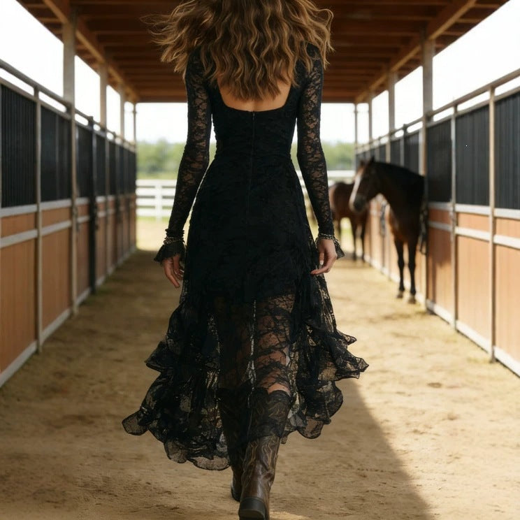 Long Sleeve Square Neck Lace Dress