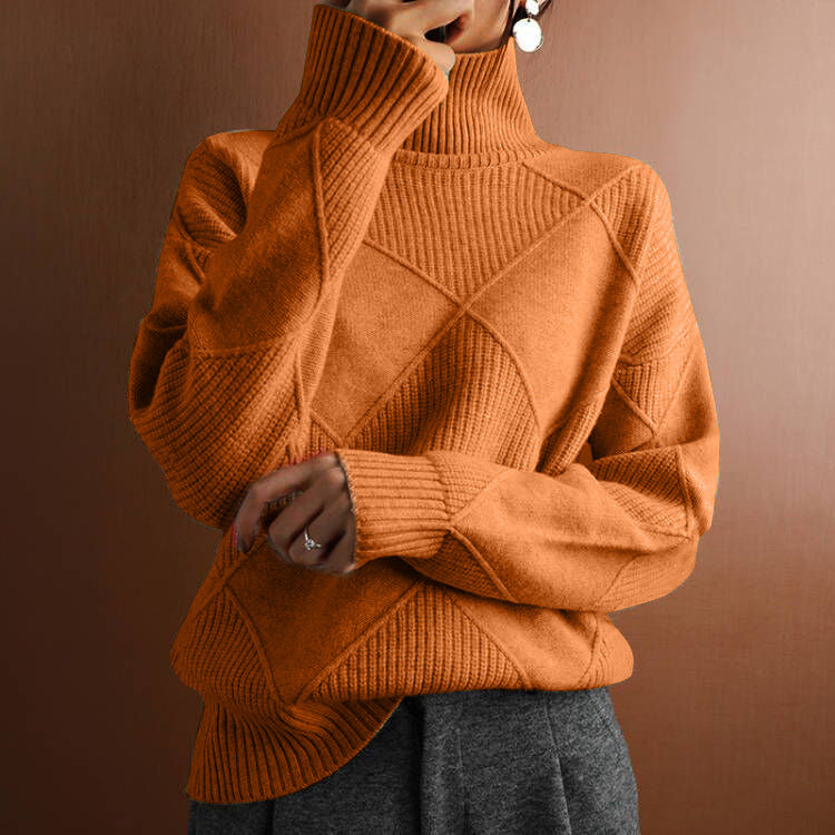 Womens Solid Color High Neck Diamond Pattern Loose Knitwear Sweater