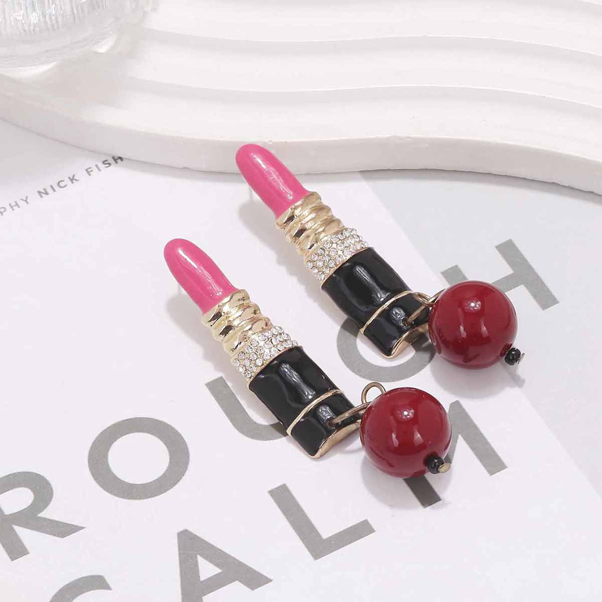 Rhinestone Lipstick-Style Earrings with Beaded Pendant