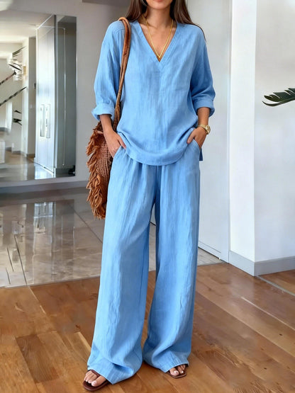 Women's V-Neck Linen Wide-Leg Two-Piece Set