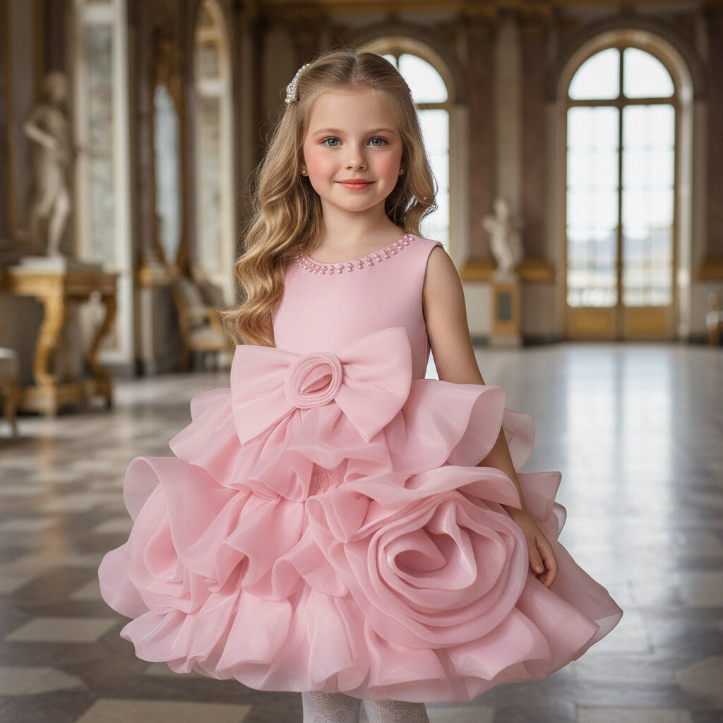 Girls Princess Dress with 3D Roses and Bow Tiered Tulle Birthday Party Gown