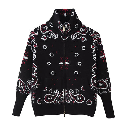 Loose Tricolor Zipper Long Sleeve Cardigan Sweater Jacket