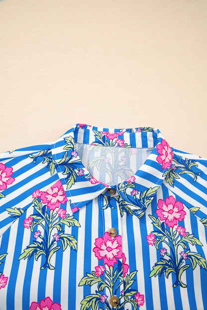 Blauw gestreept overhemd met bloemenprint en losse pasvorm