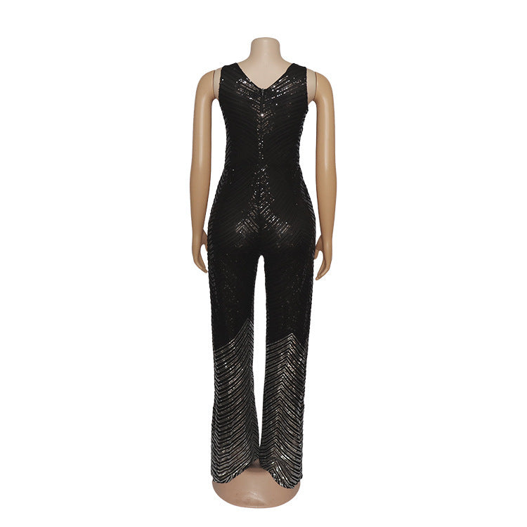 Sexy hoge stretch jumpsuit met diepe V-hals en pailletten
