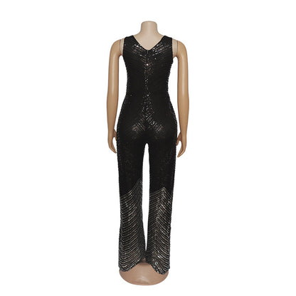 Sexy hoge stretch jumpsuit met diepe V-hals en pailletten