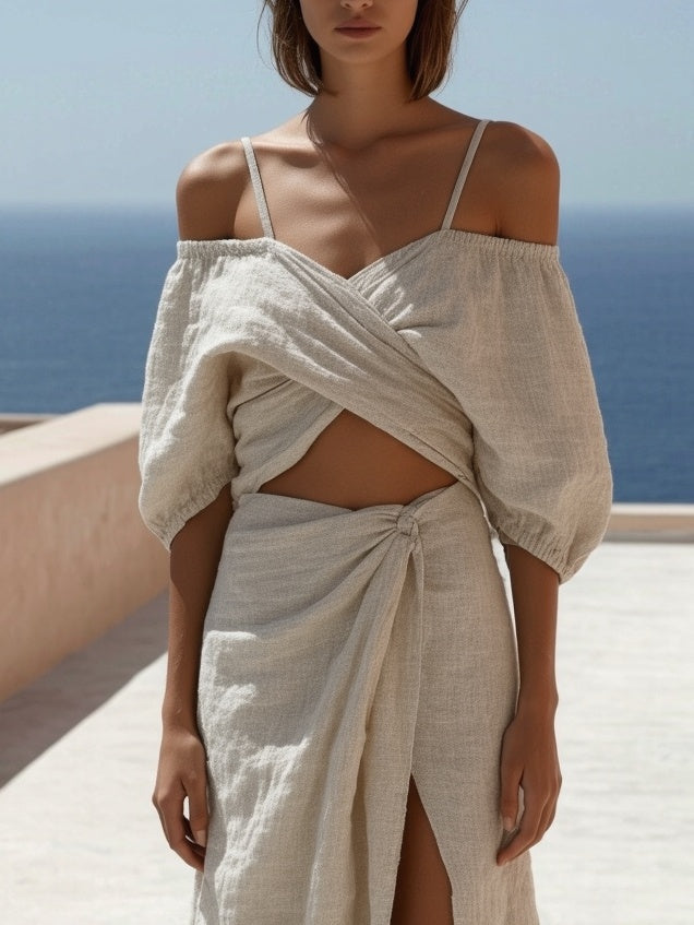 Top van katoen en linnen met off-shoulder split en gedraaid rok pak