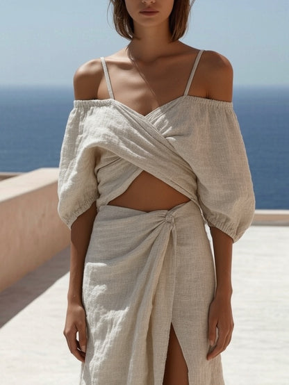 Top van katoen en linnen met off-shoulder split en gedraaid rok pak