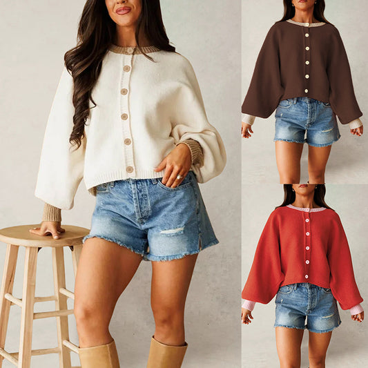 Women's Knitted Cardigan Long Sleeve Color Block Sweater