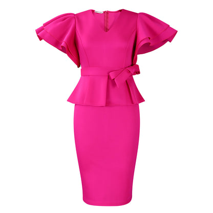 Elegant dress with lotus-leaf trim and solid color
