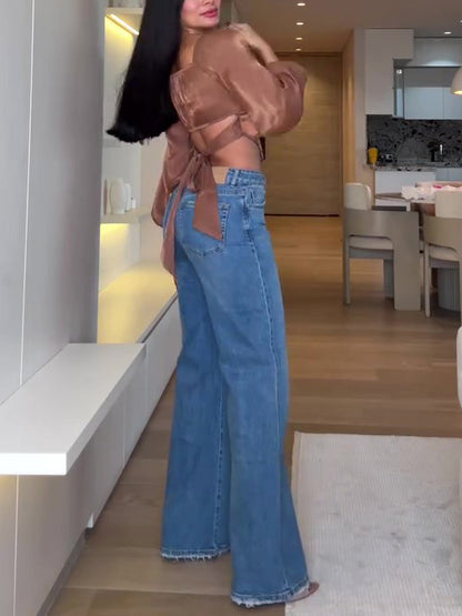 Glitter crop top met lange mouwen en vetersluiting