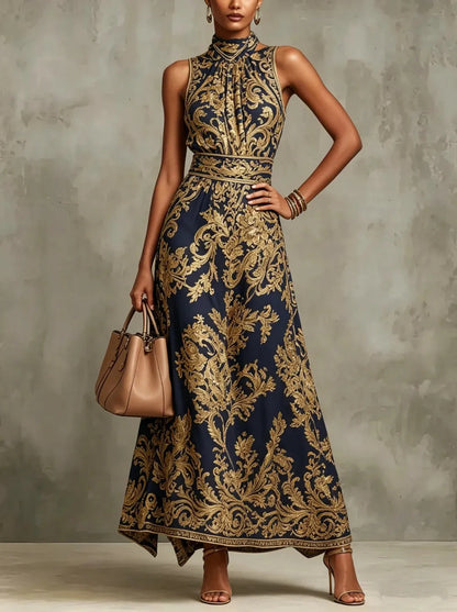 Lady's golden embroidered fitted and slimming evening gown for formal events