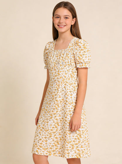 Floral Print Waist-Cinching Mid-Length Dress