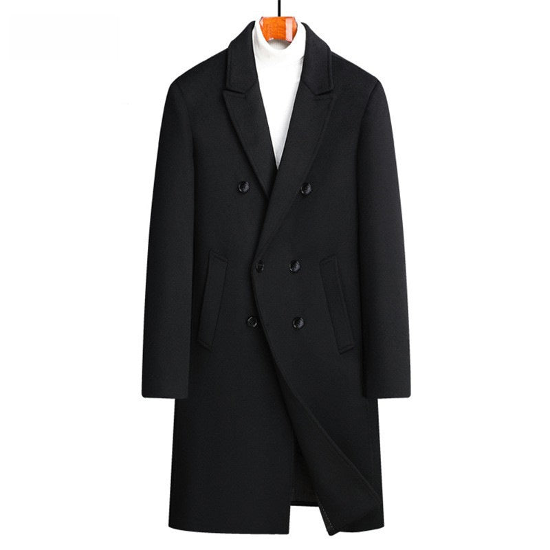Men Woolen Coat Double Breasted Suit Collar Mid Long Jacket