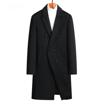 Men Woolen Coat Double Breasted Suit Collar Mid Long Jacket