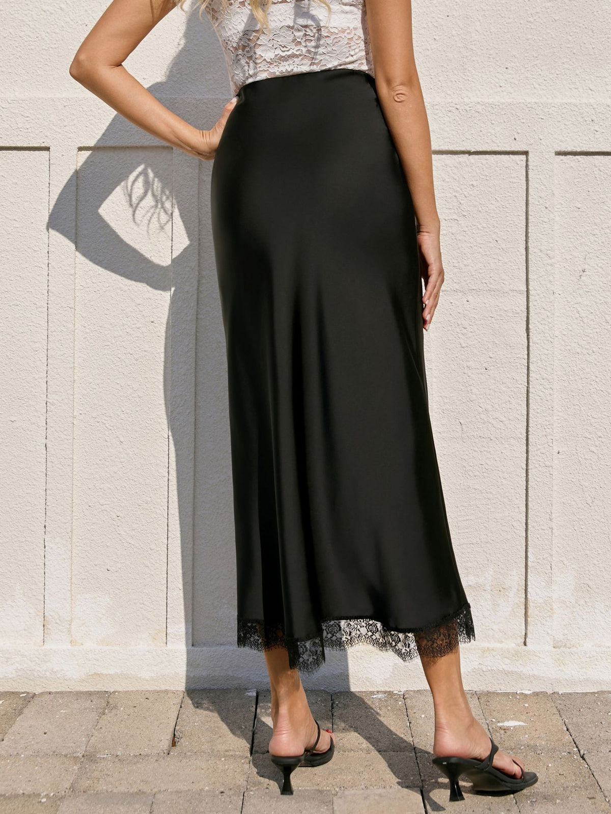 Women's High-Waisted Lace Satin A-Line Maxi Midi Skirt
