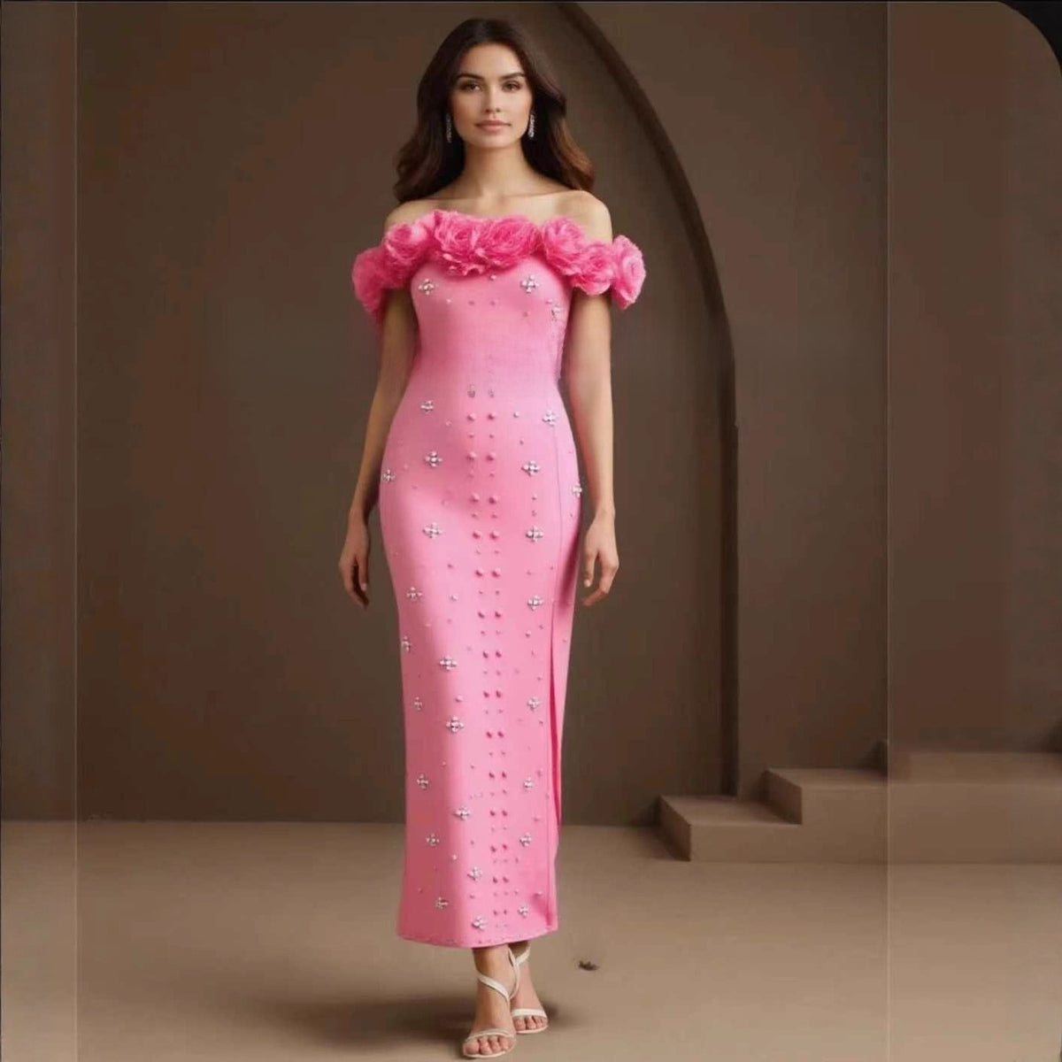 Pearl Embellished One-Shoulder Bandage Dress
