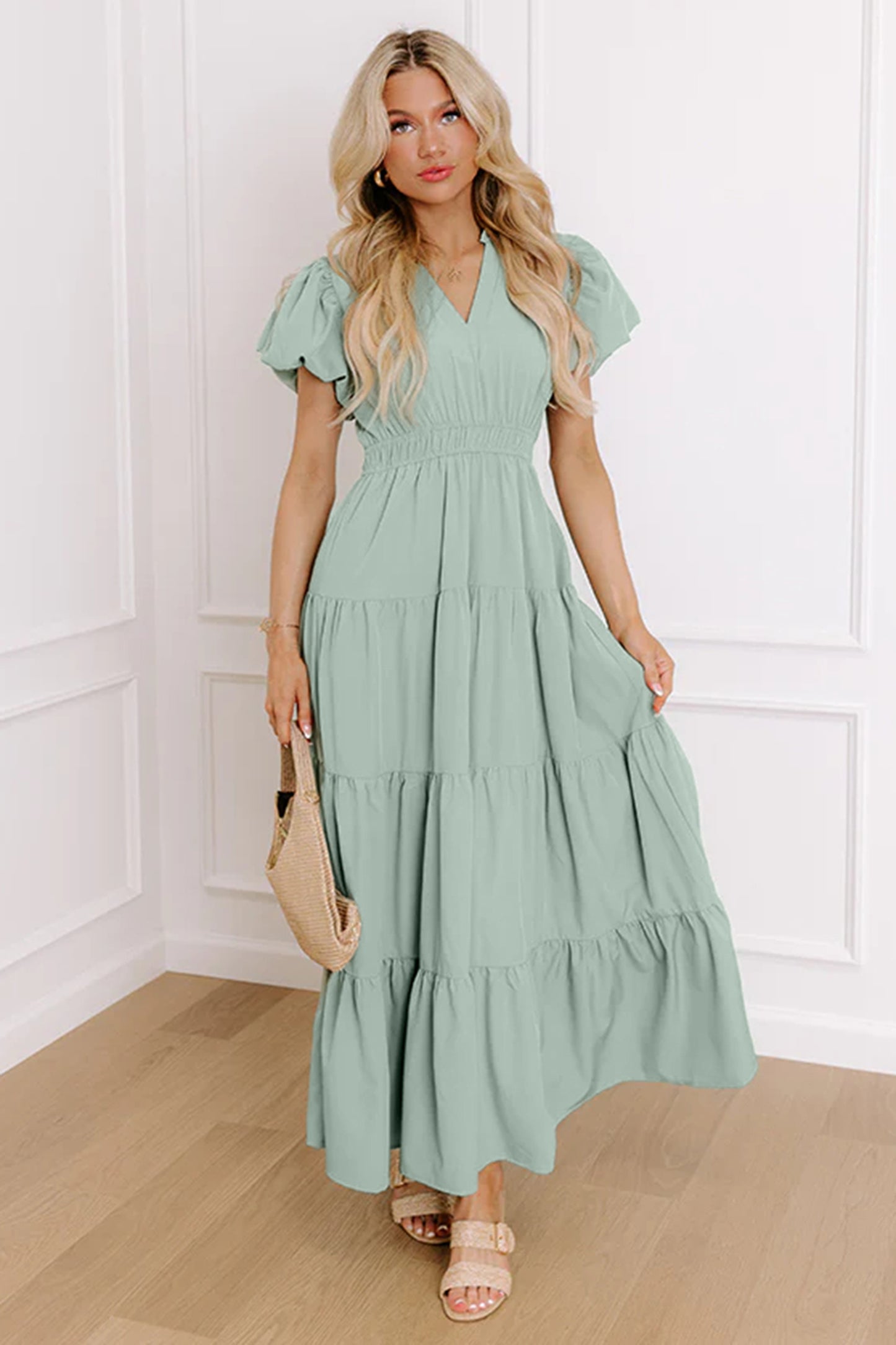 Effen maxi-jurk met V-hals korte pofmouwen en hoge taille