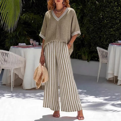 Linen-Cotton Set: Loose V-Neck Short-Sleeve Top and Striped Wide-Leg Pants
