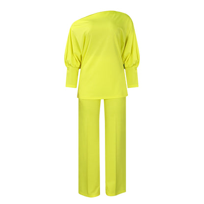 Women Pure Color Slope Collar Top Wide Leg Pants Suit